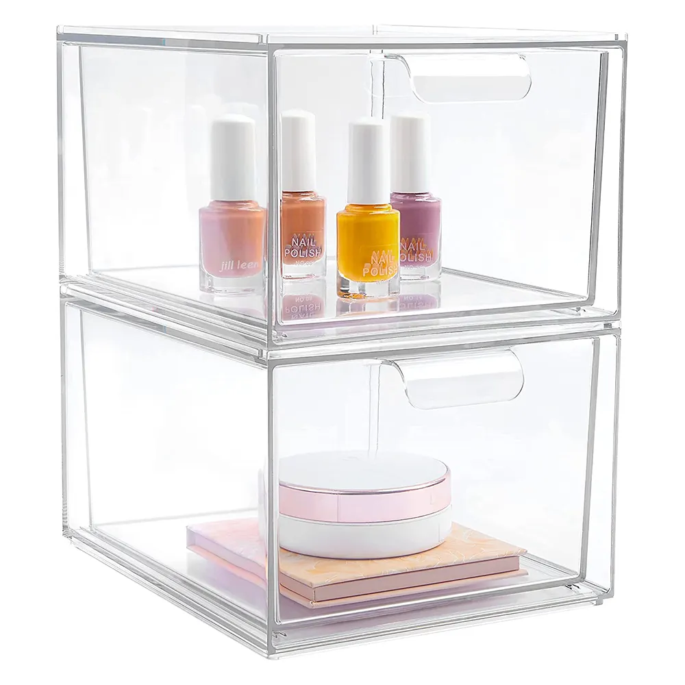 2 Pack Clear Plastic Stackable Acrylic Makeup Organizer Storage Drawers Bathroom Bins For Home Organization Storage