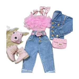 <span class=keywords><strong>Free</strong></span> Tax US детская одежда оптом однотонный топ на бретельках для девочек джинсовые брюки костюм одежда - Product Image 1