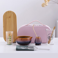Ensemble complet de cérémonie du thé japonais portable pour les voyages, avec bol en céramique imprimé en soie, fouet en bambou, tamis, coffret cadeau