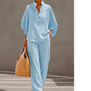 Ensemble décontracté en coton et lin pour femmes, bleu ciel, manches bouffantes, pantalon large, style Europe et Amérique - Product Image 1
