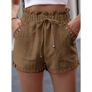 Short en coton et lin pour femmes, couleur unie, mince, évidé, design, poche, taille serrée, vêtements de plage, vêtements blancs - Product Image 6