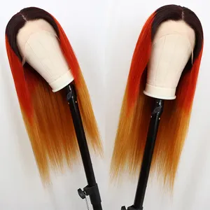 Goed Haar Maagdelijke Braziliaanse En Peruaanse 13*4 Frontale Kant Menselijk Haar Steil Ombre Rood Met Oranjebruine Pruiken Voor Zwarte Vrouwen