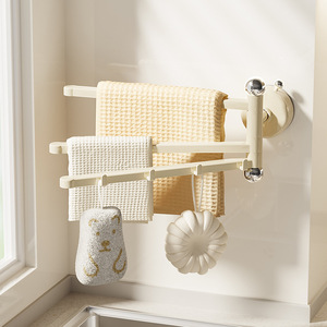 Multifunctional Push Pull Towel Rack 3 Bars Creamy White Self Adhesive Kitchen Storage - Product Image 1