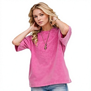 Camiseta Casual de Algodón Lavado Rosa para Mujer, Corte Holgado, Cuello Redondo, Manga Corta, Color Sólido, Primavera Verano - Product Image 1