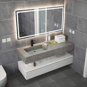 Minimalist hotel style rock slab integrated basin bathroom cabinet intelligent defogging <b>mirror</b> cabinet set - Product Image 3