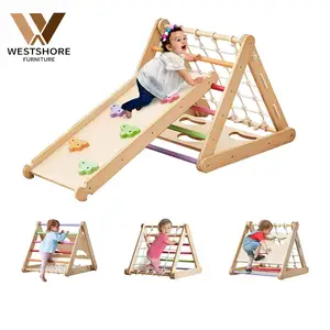 蒙特梭利儿童木制皮具三角立方体梯子儿童折叠攀爬三角形带坡道攀爬框架和房屋帐篷