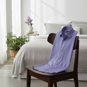 Purple Lilac Plain French <b>Cuff</b> Sleeve Button Shirt-Loungewear Slim Fit Cool & Comfort Weaving Fabric - Product Image 3
