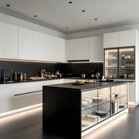 Meuble de cuisine haut noir avec îlot, style minimaliste moderne, en contreplaqué blanc, évier, plan de travail en quartz, porte vitrée et tiroirs