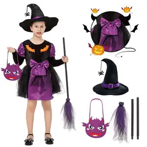 Witch Short Dress Costume for Girls Halloween Wizard Costume Dress with Hat Wand and Candy Bags Party Prom Cosplay Dress Up