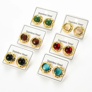 1 paire de boucles d'oreilles en acier inoxydable, opale ronde en résine, plaqué or, bijoux colorés, cadeaux pour femmes et filles - Product Image 2