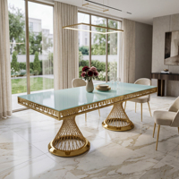Table à manger moderne en acier inoxydable doré avec plateau en verre trempé pour hôtel et usage extérieur, événements de mariage et banquets
