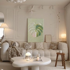 Hand Painted Oil Painting Monstera <b>Leaf</b> Art Rectangle Modern Minimalist Living Room Sofa Background <b>Wall</b> <b>Decor</b> - Product Image 4