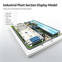 Maquette de section d'usine industrielle moderne en plastique ABS blanc, avec équipements bleus, unités jaunes, tuyauterie jaune et réservoirs d'eau