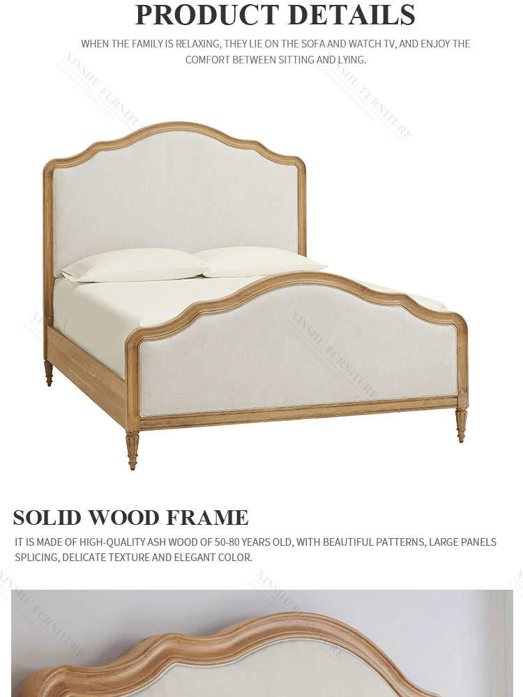 high quality american solid wood frame cotton linen double bed vintage bedroom large solid wood bed
