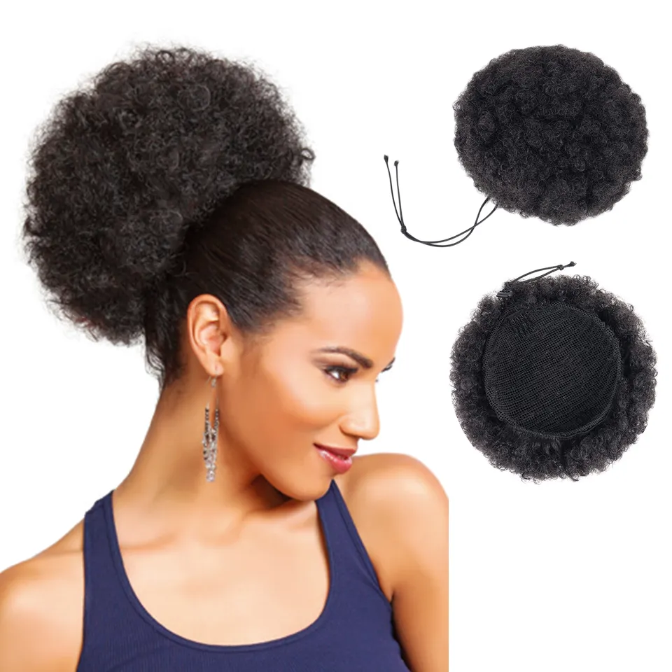 Ucuz sentetik afrika siyah kadınlar için saç topuz, afro kinky chignon kıvırcık saç puf topuz, büyük yumuşak doğal saç parçası topuz peruk