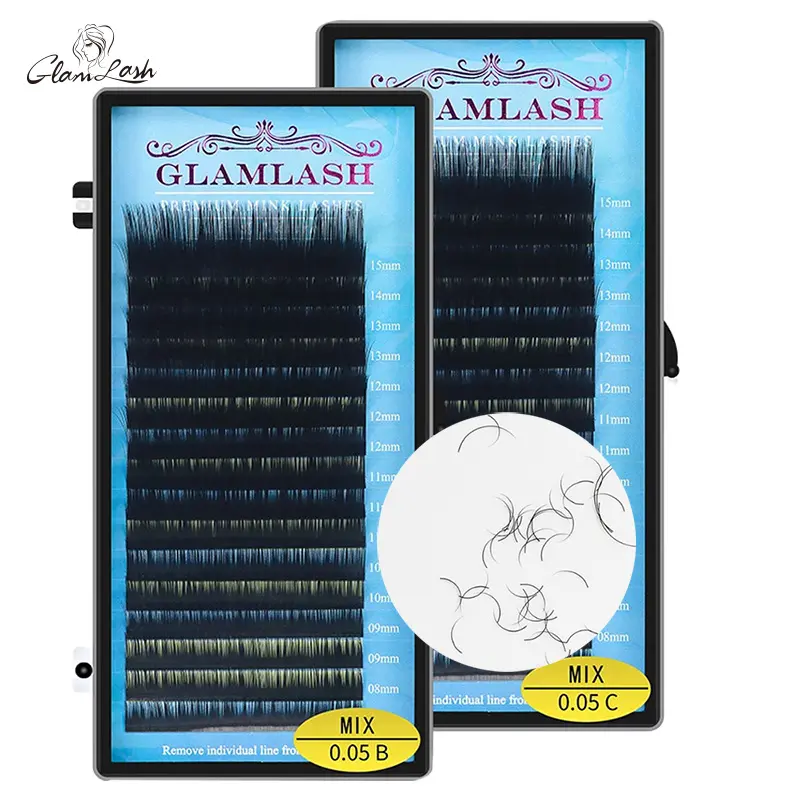 Glamlabel özel etiket mat siyah kaşmir 7-15mm uzunluk 0.03mm kirpik uzatma ses tepsisi kore sahte vizon kirpik uzantıları