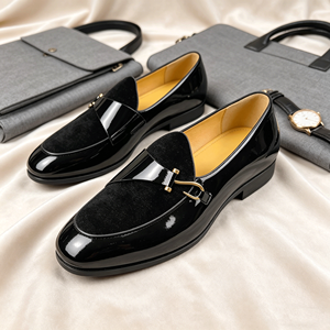 Mocassins de luxe pour hommes en cuir <span class=keywords><strong>verni</strong></span> <span class=keywords><strong>noir</strong></span> et velours, chaussures formelles faites à la main, chaussures de banquet haut de gamme pour hommes - Product Image 1