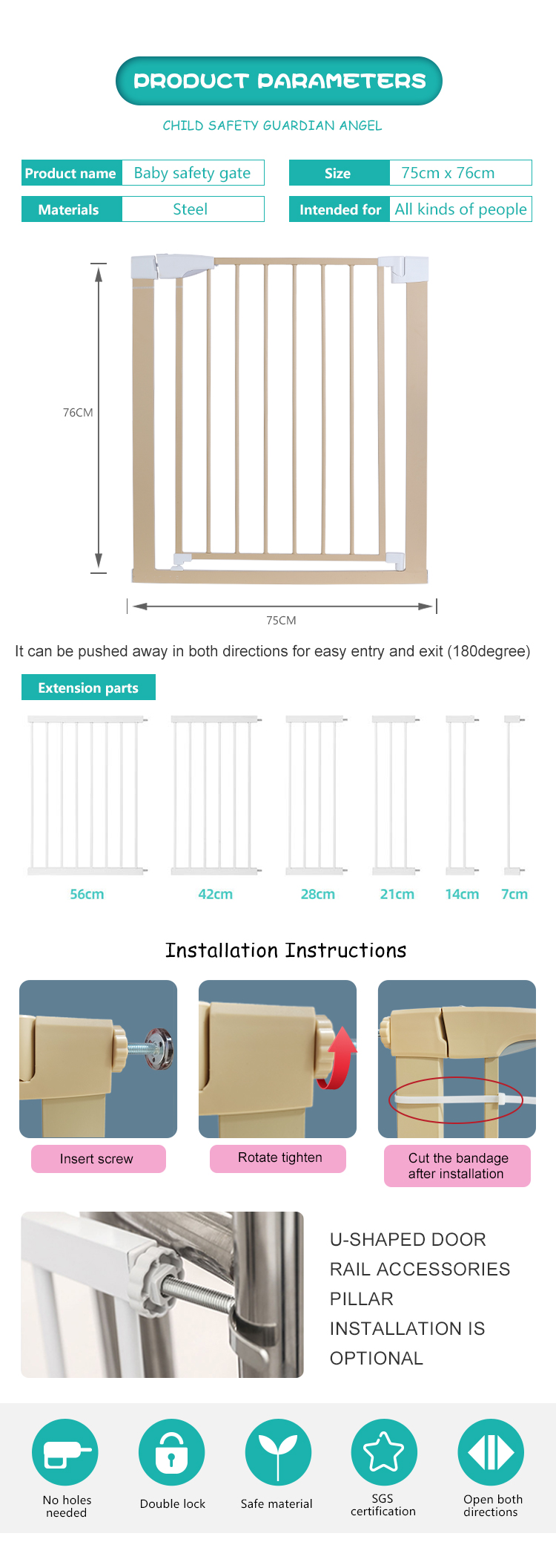 Metal Baby Gate Door Barrier Extra Wide for Stairs & Doorways, Pressure Mounted Baby Safety Gates BG01-B