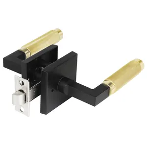 Luxo Privacidade Matte Black Rosette Golden Knurled Design Contemporâneo Brass Lever Door Handle para porta interior