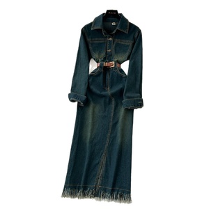 Vestido de mezclilla retro de manga larga con solapa y cintura atada, estilo maduro y elegante, de un solo botón, para mujer, que estiliza la figura. - Product Image 5