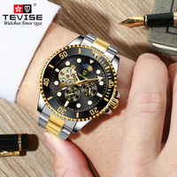 Montre-bracelet mécanique automatique personnalisée pour homme TEVISE T801-002, boîtier en alliage, bracelet en acier inoxydable, phase de lune, montre 24 heures, vente en gros