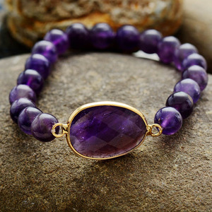 Bracelet élastique en améthyste avec perles de 8 mm, pendentif goutte d'eau en pierre naturelle, bijoux pour femmes, cadeau, accessoire de mode - Product Image 3