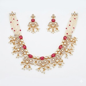 Juego de Collar de Plata 925 de Lujo para Mujer con Piedras Rojas, Perlas Blancas y Trabajo Kundan, Joyería Nupcial India Tradicional con Aretes - Product Image 1