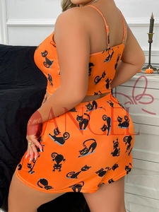 Taglie forti <span class=keywords><strong>donna</strong></span> <span class=keywords><strong>pigiama</strong></span> sexy KISS ME ANGEL 1XL 2XL 3XL orange gat printing <span class=keywords><strong>pigiama</strong></span> sexy per <span class=keywords><strong>donna</strong></span> set - Product Image 6