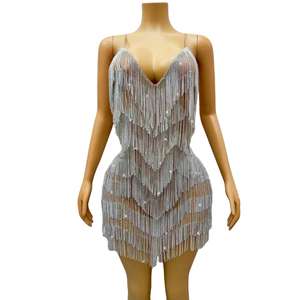 Vestido Mini Sexy con Cadenas de Pedrería para Fiesta en Club Nocturno, Vestido de Tirantes Espagueti sin Espalda para Mujer, Vestido Ajustado para Baile Latino - Product Image 6