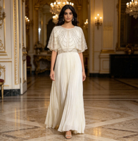 Robe de soirée musulmane vintage, ornée de strass, avec cape en maille transparente, plissée, longueur maxi, robe islamique pour femmes, pour la fête de l'Aïd