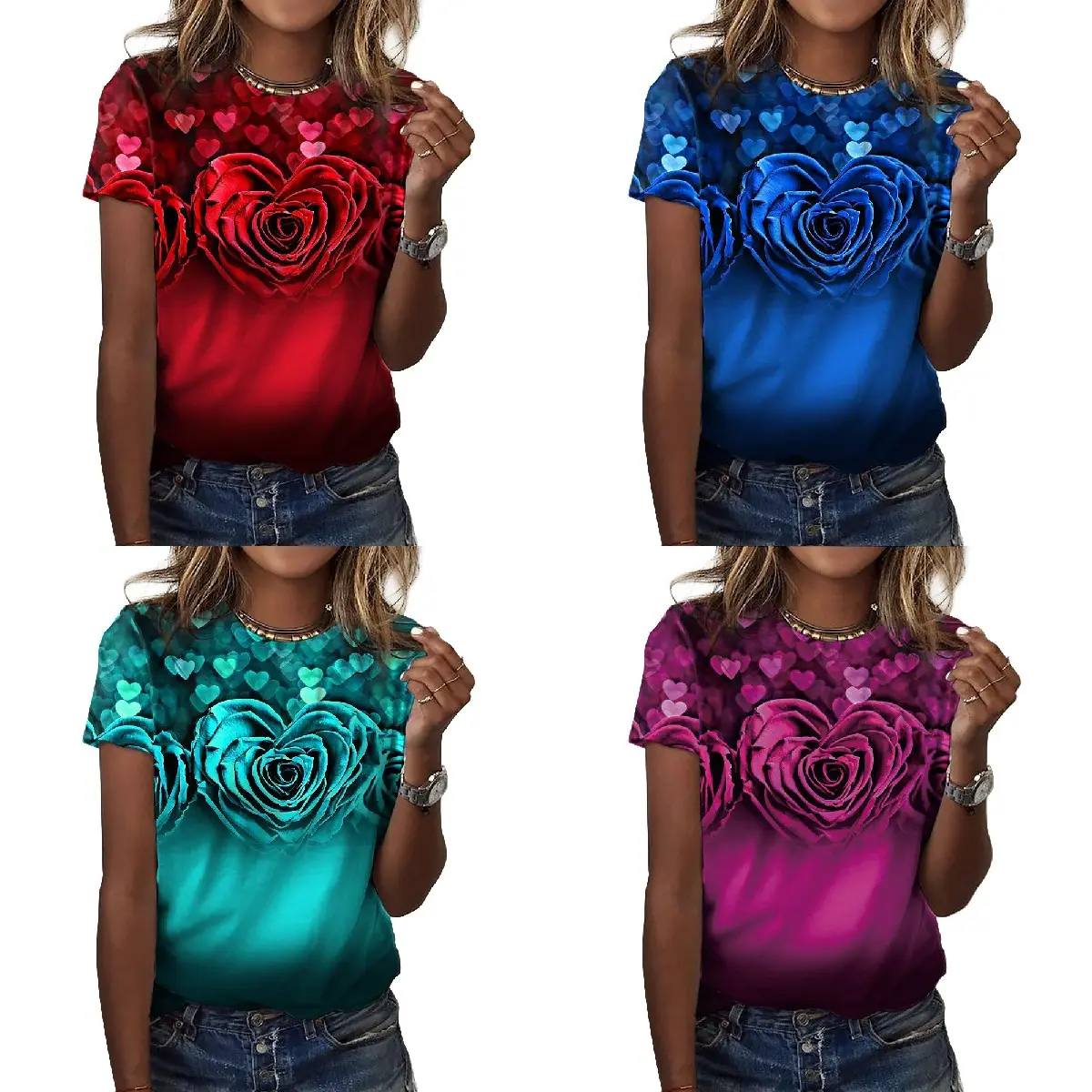 Summer new cross-border European and American women's rose print loose round neck short-sleeved T-shirt