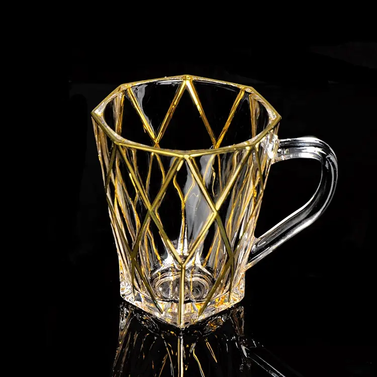 Borde de oro Octágono diseño de café de vidrio taza de té con mango en línea de oro