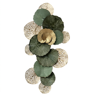Modern Vertical Metal Lotus Leaf Wall Decor Green <b>Gold</b> Cutout Fan <b>Disc</b> Wall Hanging Sculpture Accent for Living Room Entrance - Product Image 1