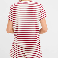 Kaos Wanita Lengan Pendek Kerah Bulat Model Drop Shoulder, Atasan Rajut Bergaris Warna Kontras, Kaos Garis Merah Musim Panas