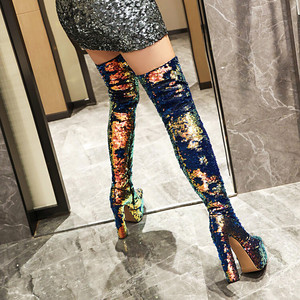 Tùy Chỉnh Kích Thước 34-43 Cộng Với Đùi Cao Khởi Động 15.5Cm Cực Gót Nền Tảng Vàng Lật Sequins TPR Đế Ngoài Sexy Hot Cô Gái Bên Khởi Động - Product Image 5