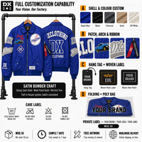 Blouson Bomber Personnalisé Bleu Royal 460 g/m² en Satin avec Écussons Multiples, Logo Arqué sur le Devant, Bordure en Tricot Côtelé, Style Universitaire Streetwear OEM ODM