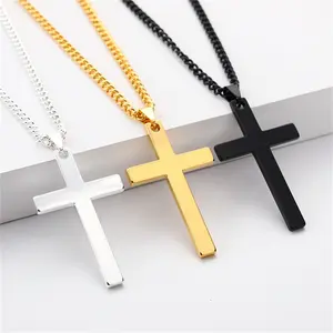 Bijoux religieux pour hommes, collier en acier inoxydable, plaqué or, pendentif en croix pour hommes
