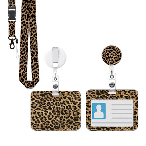 Brown leopard print retractable buckle phone/<b>ID</b> card <b>holder</b>, horizontal push-fit <b>ID</b> card protector, can be printed with logo. - Product Image 1