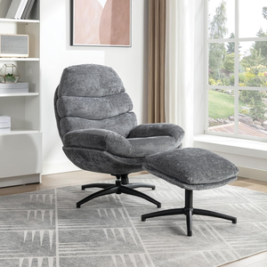 Muebles para el hogar Silla de salón giratoria y mecedora moderna de felpa Kerry y reposapiés con base negra, Tela Gris - Product Image 1