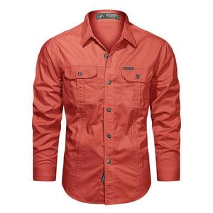 Camisa de Hombre de Manga Larga, Color Sólido, con Botones y Bolsillos, Cuello Clásico, Estilo Casual, Roja, de Algodón, Corte Ajustado - Product Image 1