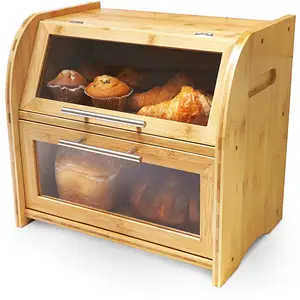 Caja de pan de bambú de 2 estantes extra grande personalizada con ventanas transparentes para encimera de cocina contenedor de almacenamiento de pan de madera