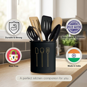 Porte-ustensiles de cuisine cylindrique minimaliste en métal noir, support de rangement pour comptoir - Product Image 2