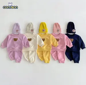 Conyson Conjunto de roupas para meninas primavera 2024, com estampa de letras, moletom com capuz, gola redonda, moletom e calças, 2 peças, roupa de treino para meninas