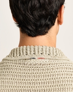 남자의 오픈 직조 니트 셔츠 반소매 린넨 혼방 버튼 업 캠프 칼라 크로 셰 뜨개질 스타일 최고 카키 - Product Image 4