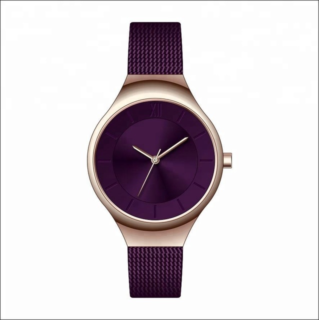 Slim and Simple Design All 316L Stainless Steel Quartz Movement Custom Purple Mesh Strap Ladies Watch U2810