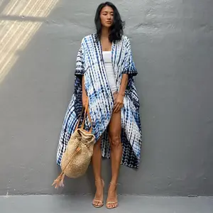 2023 Rayon Tie-dye Printed Beach Cover-up Sexy Cardigan Sunblock Bikini Cover-up Kimono For Women 100% Viscose Swim Wear