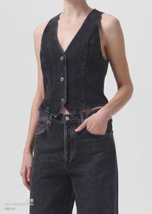 Gilet décontracté <span class=keywords><strong>en</strong></span> <span class=keywords><strong>jean</strong></span> <span class=keywords><strong>noir</strong></span> délavé écologique pour <span class=keywords><strong>femme</strong></span>, <span class=keywords><strong>sans</strong></span> manches, col <span class=keywords><strong>en</strong></span> V, avec boutons argentés, ourlet asymétrique, <span class=keywords><strong>veste</strong></span> courte et cintrée - Product Image 3