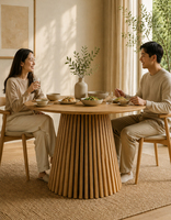 Table à manger ronde à piétement cannelé, placage en bois naturel, MDF, base fixe simple