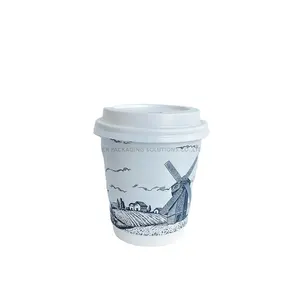 Elegante 10 Oz Potlood Schets Landschap Uitzicht Uranian Blauwe Dubbele Muur Papieren Beker Met Deksel Voor Latte Platte Witte Warme Chocolademelk