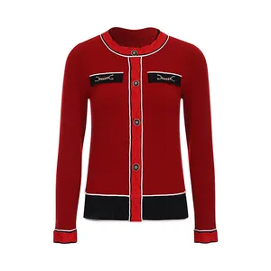 Knitwear Manufacturer Custom Winter Red Round Collar Long Sleeved Cardigan Cashmere Sweater Women